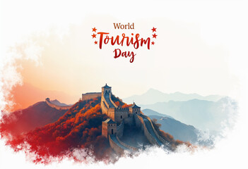 World Tourism Day banner the Great Wall of China in high detail, World Tourism Day' in elegant bold letters.