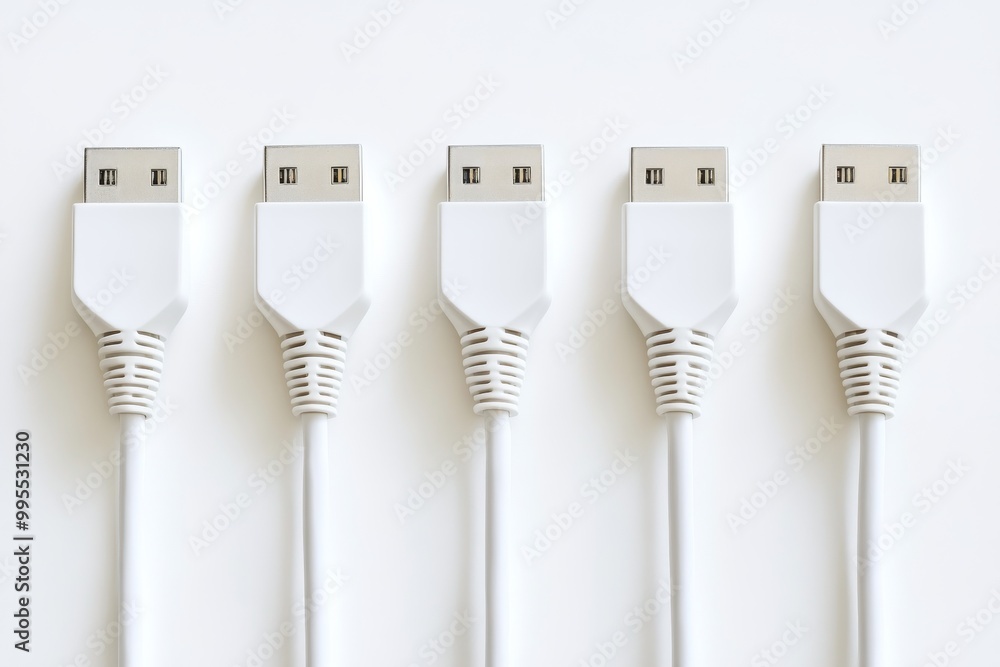 Poster four white usb cables arranged in a row on a minimalist background representing standardized digital