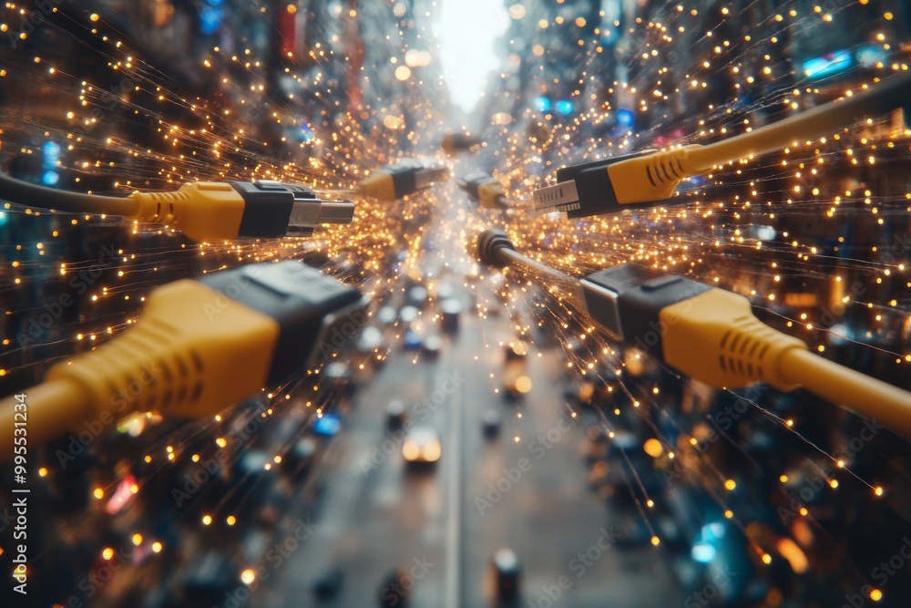 Poster futuristic digital cables with glowing orange lights in motion representing global data flow and hig
