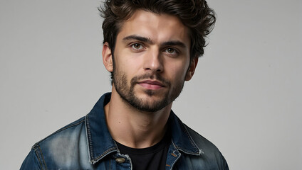 Obraz premium Intriguing Gaze: A Portrait of a Handsome Man in Denim Jacket 