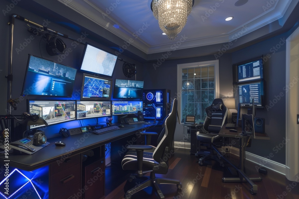 Poster high-tech home office featuring multiple monitors, advanced computer setup, and immersive lighting i