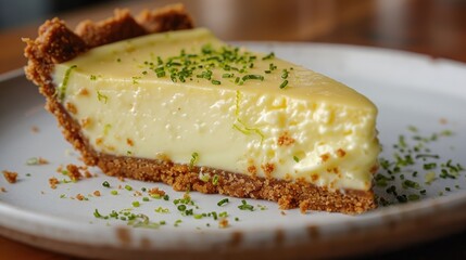 A decadent and indulgent slice of key lime pie, with a tangy custard filling in a buttery graham cracker crust