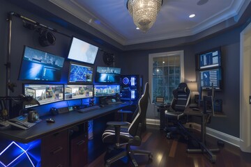 High-tech home office featuring multiple monitors, advanced computer setup, and immersive lighting in a contemporary design during the evening hours