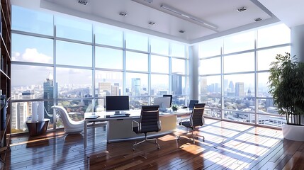 Modern office showcases panoramic city view with spacious layout natural lighting and minimal decor for productive workspace design innovation and urban lifestyle concept.