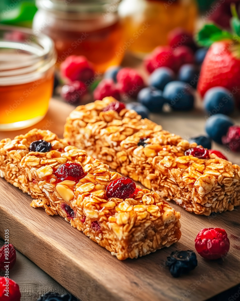 Wall mural granola bars with nuts, dried berries, and oats on wooden board, accompanied by fresh berries and ja