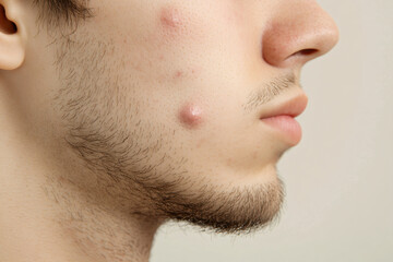 Closeup man face with red pimples, inflammation on face and problem skin. Acne, rosacea and couperose therapy. Facial treatment skincare routine and hygiene Cosmetic and beauty banner with copy space