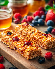 Granola bars with nuts, dried berries, and oats on wooden board, accompanied by fresh berries and jars of honey, representing healthy and delicious snack or breakfast option