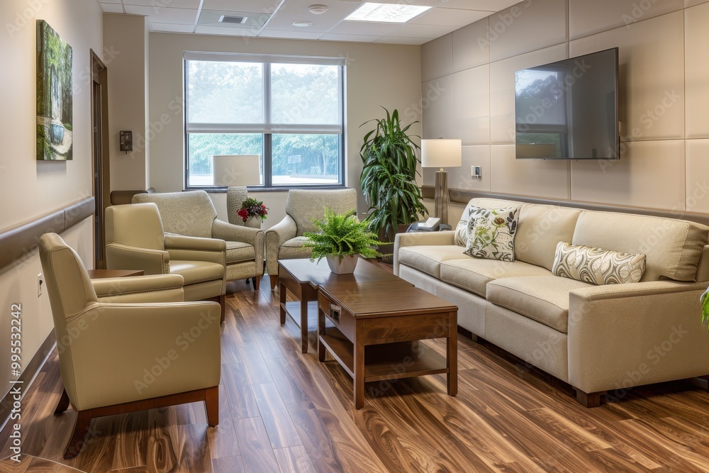 Poster comfortable waiting area with modern seating and large windows overlooking a serene outdoor view dur