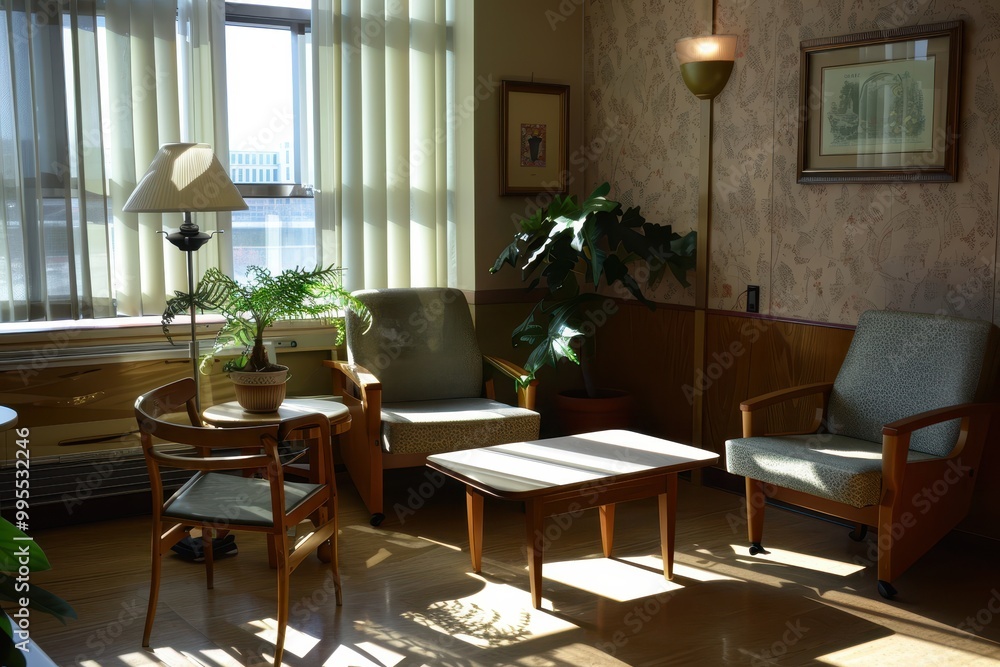 Poster comfortable waiting area with modern seating and large windows overlooking a serene outdoor view dur