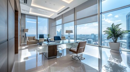 Modern office with a large desk, chairs, and a stunning city view through large windows.
