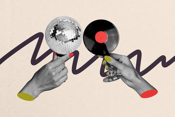 Composite photo collage of hands hold glass beverage disco ball vinyl retro plate occasion weekend party isolated on painted background