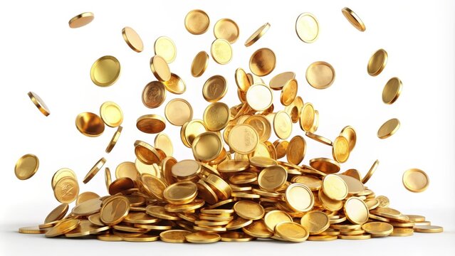 Gold coins are raining down and piling up to form a small mountain of gold on a white background
