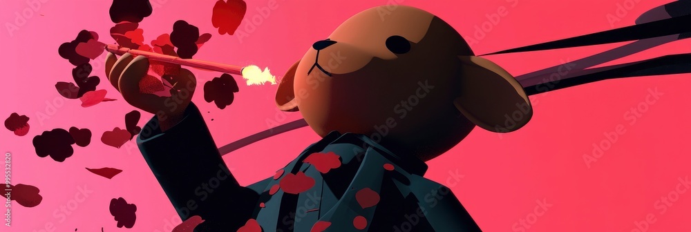 Canvas Prints Bear in a Suit Smoking a Cigarette with Red Hearts in the Background