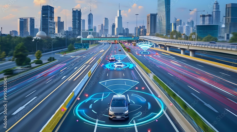 Poster futuristic highways with driverless cars equipped with advanced ai sensors enabling safe and efficie
