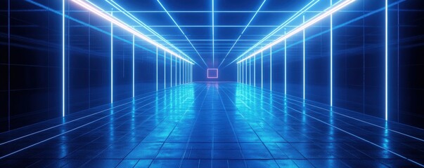 A futuristic grid of blue neon lines forming a tunnel on a black background, creating a vibrant digital landscape with a glowing pink square at the end