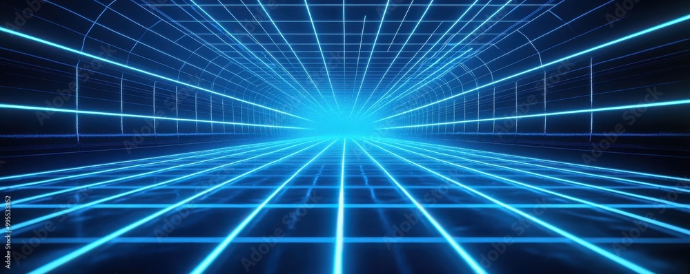 Poster futuristic grid of blue neon lines on a black background creating a tunnel-like effect with glowing 