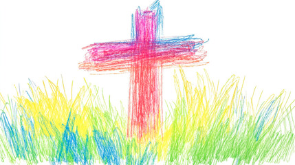 Colorful christian cross standing in a field of grass