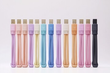 Collection of pastel colored USB cables laid out in a row symbolizing flexible connectivity and...