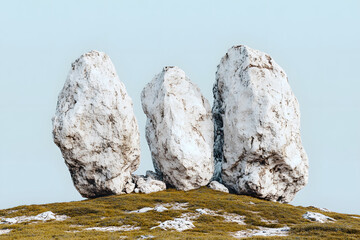 A balanced stone cairn stands tall against a backdrop of blue ocean waves crashing on a rocky shore