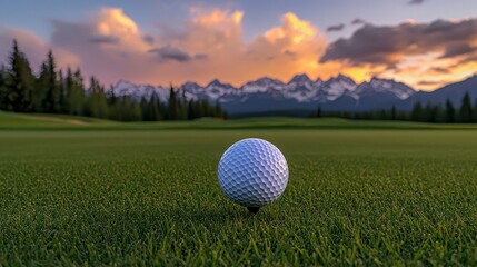White golf ball on a tee against a backdrop of majestic mountains and sunset skies, capturing a serene golfing moment.