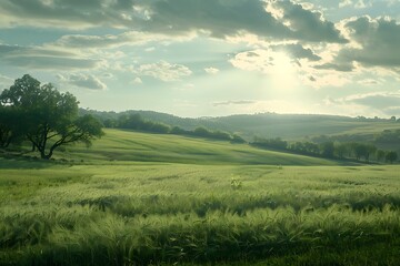 Sunset over green field with blue sky and clouds