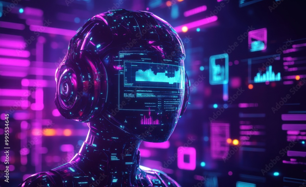Poster futuristic ai virtual character hologram with digital interface and neon colors in a high-tech envir