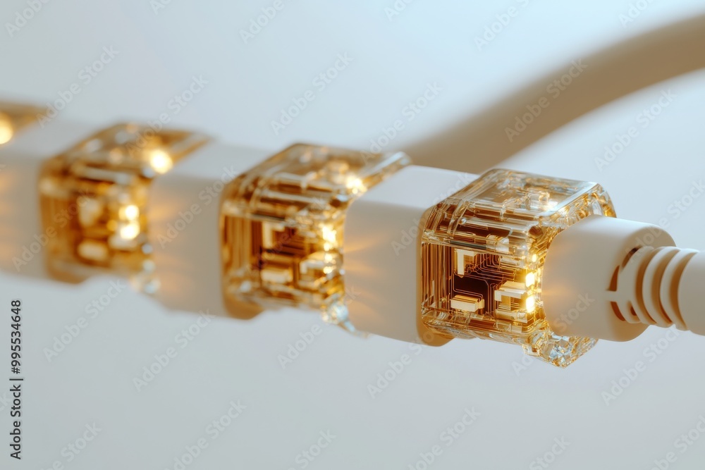 Poster close up of high speed golden coaxial cables connected with transparent connectors symbolizing relia