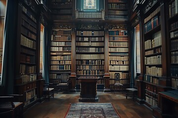 Vintage library interior with bookshelves and rows of old books