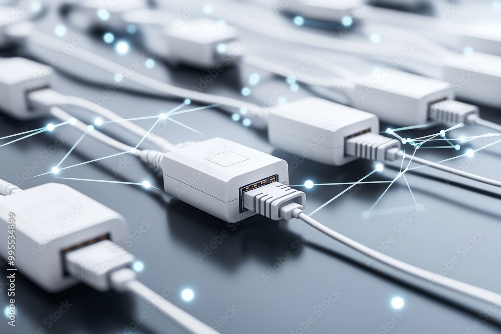 Poster white usb c cables and ethernet cords plugged into a dark network hub illustrating modern digital co