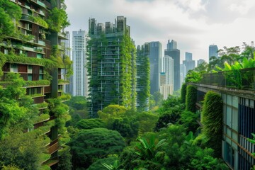 A vibrant cityscape showcasing towering green skyscrapers adorned with lush vegetation under a bright blue sky during the day, blending nature and urban life harmoniously