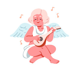 Cupid angel playing lute, love melody. Cute girl cherub, romantic character with wings, plucking music instrument, singing for Valentine s Day. Flat vector illustration isolated on white background