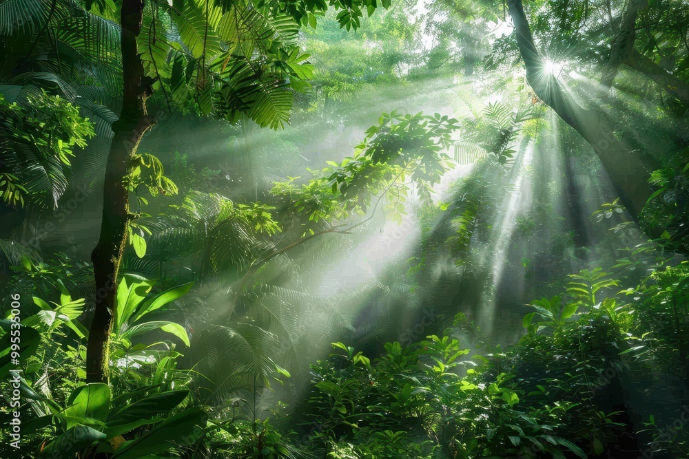 Poster sunlight filters through dense foliage in a vibrant tropical rainforest during early morning, illumi