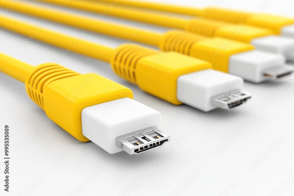 Poster usb and hdmi cables with yellow connectors neatly arranged on a white surface symbolizing versatile 