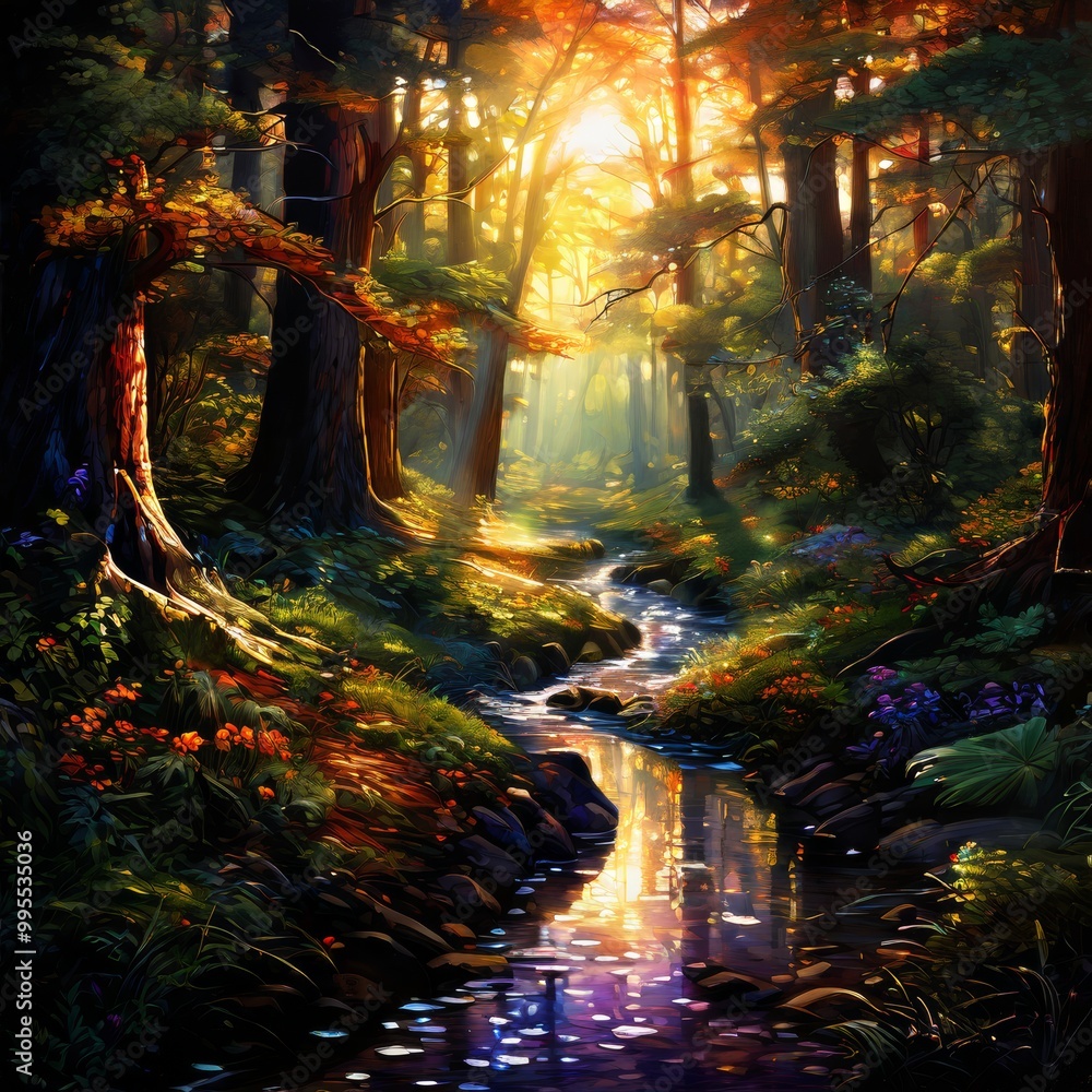 Poster a captivating image of sunlight streaming through a dense forest, illuminating a tranquil stream sur