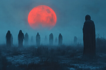 Ethereal figures stand in a misty landscape under a large red moon, creating a haunting and mysterious atmosphere.