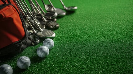 Naklejka premium Assortment of golf clubs and balls scattered on lush green grass, showcasing a variety of golfing equipment.
