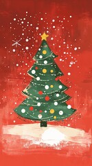 Obraz premium Illustration of a decorated Christmas tree with colorful ornaments and a star, set against a red background with falling snow, perfect for holiday cards, festive designs, and seasonal decor.