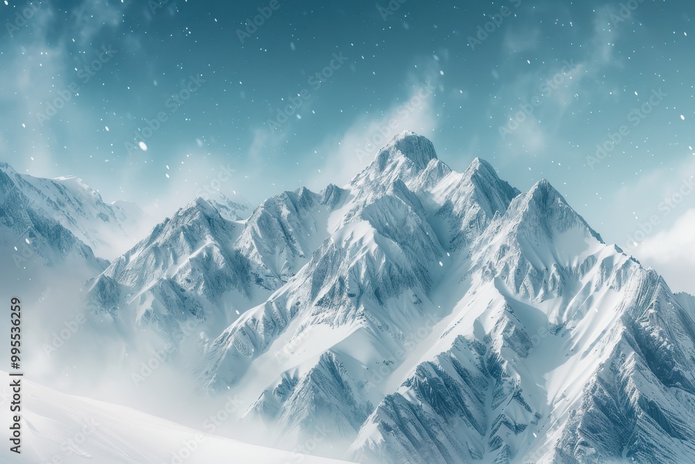 Aufkleber majestic snow-covered mountains under a clear blue sky with gentle snowfall creating a serene winter