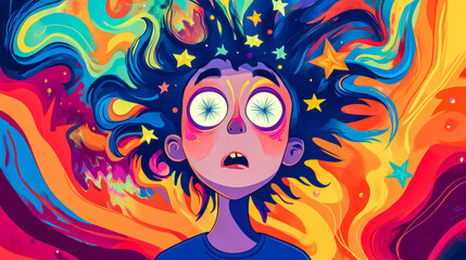 Young person experiencing sensory overload with vivid colors and stars