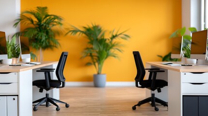 Modern Office Workspace with Yellow Wall and Plants