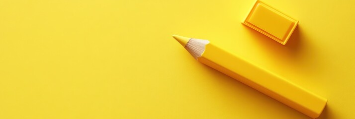 A vibrant yellow pencil rests beside a yellow eraser on a bright yellow background, perfect for creative and educational themes, background with copy space