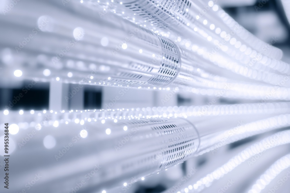 Poster close up of translucent fiber optic cables glowing with blue lights representing fast internet conne