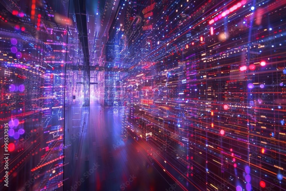 Poster A vibrant digital corridor illuminated with colorful light trails creating a futuristic atmosphere in a modern urban setting during nighttime
