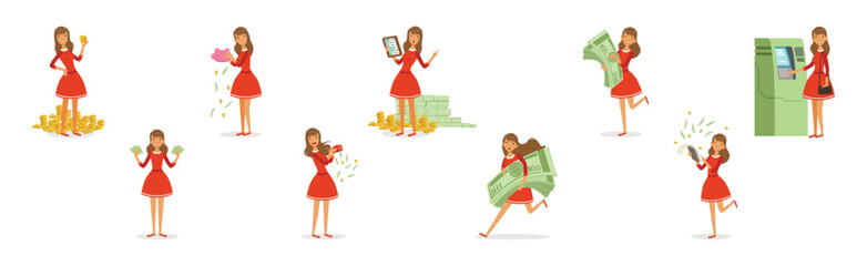 Happy Rich Woman Character with Money Cash Vector Set