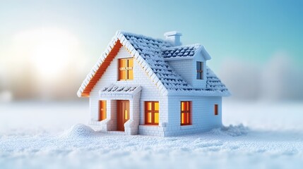 A Snowy White Brick House With Windows Glowing In The Evening