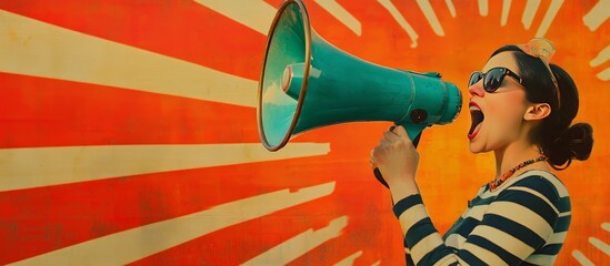 Vintage design photo with powerful young woman screaming in a megaphone on a sunburst design background. Generative AI
