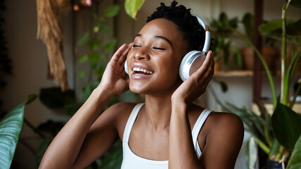 A photo of African American gen z black woman with headphones dancing in a room with a streaming hip-hop playlist and an online radio for sound