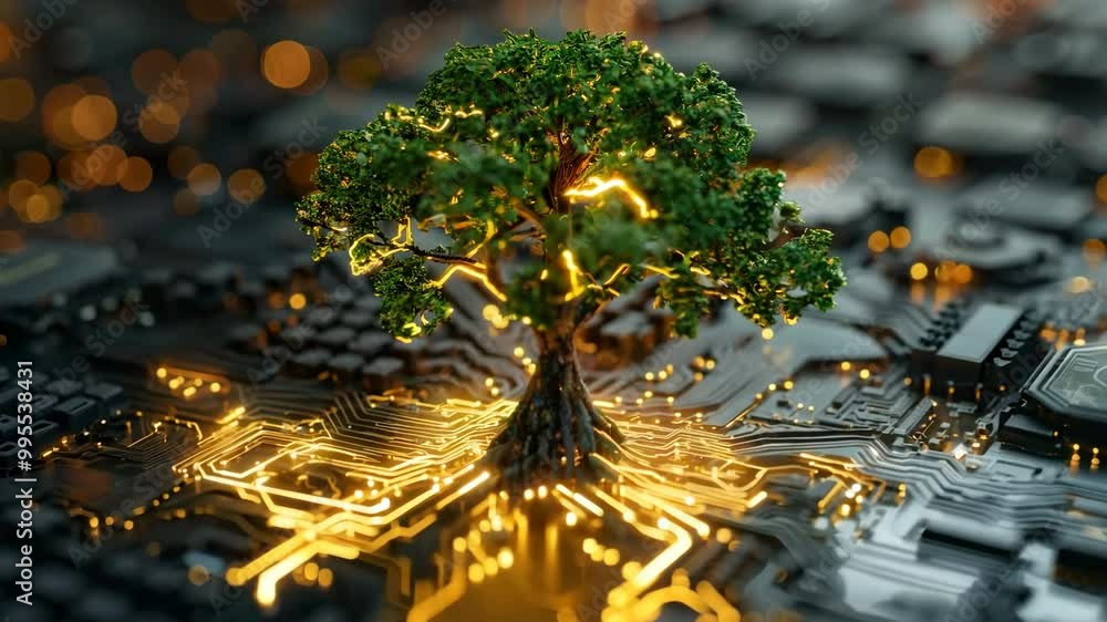 Poster a tree is growing on a computer chip. concept of technology and nature coming together in a unique w