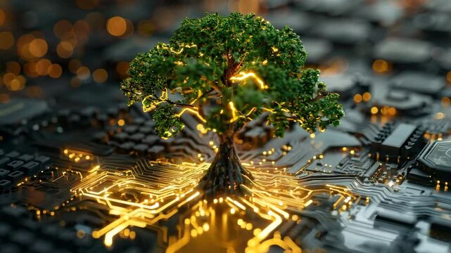 A tree is growing on a computer chip. Concept of technology and nature coming together in a unique way