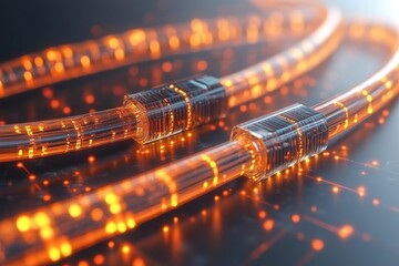 Glowing fiber optic cables with connectors representing high speed data transfer and advanced network infrastructure